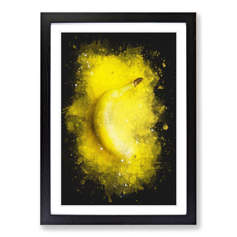 Yellow Banana Paint Splash - Picture Frame Graphic Art, 90cm H x 65cm W x 2cm D, Black