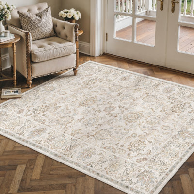 Vintage Floral Machine Washable Area Rug With Non-Slip Backing