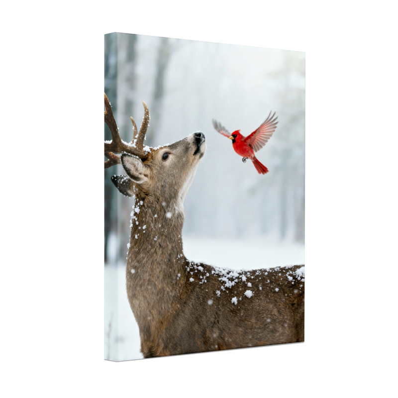 Cerf de Noël et cardinal dans une forêt enneigée, ensemble de 3 impressions sur toile, H 30 po x l 20 po