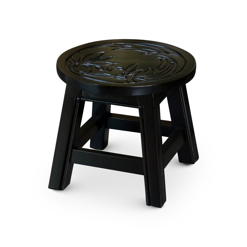 Escabeau en bois sculpté floral, finition espresso - Tabouret décoratif en bois d'hévéa avec motif floral complexe, Brun