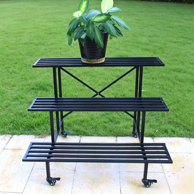 Support pour plante mobile en métal à 3 niveaux avec roues, capacité de charge de 660 lb, support pour plante d'intérieur et d'extérieur pour terrasse et maison, L 35,43 po x l 26 po x H 26 po