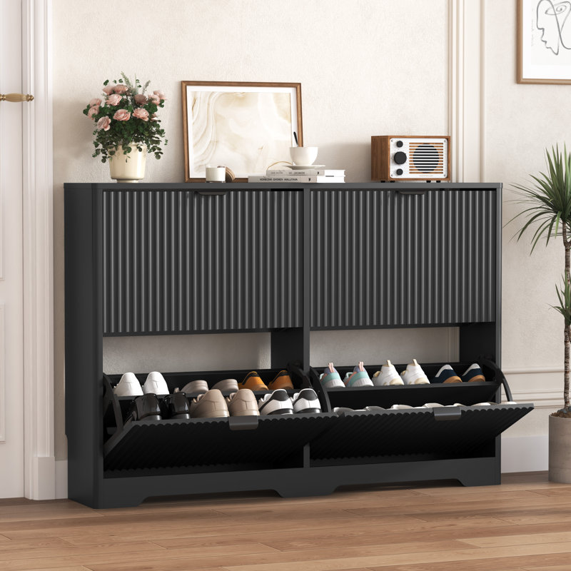 33-inch Wavy-Patterned Four-Door Shoe Cabinet with Grooved Flip-Top Drawers and Moisture-Resistant Countertop, Black