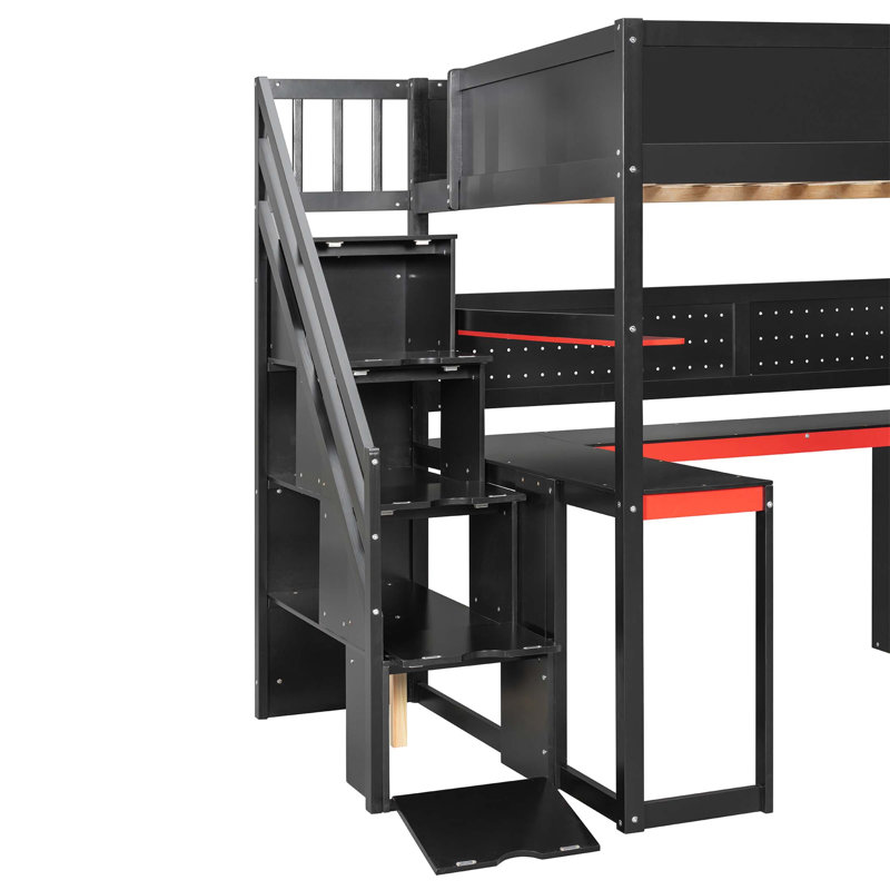 Lit mezzanine en bois avec escalier de rangement, bureau, tablettes et panneau perforé pour une efficacité optimale