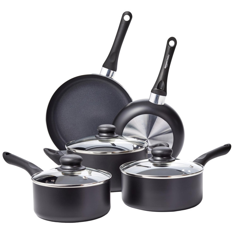 Non Stick Kitchen Cookware 8-Piece Set, Non-Induction, Includes Pots and Pans, Black
