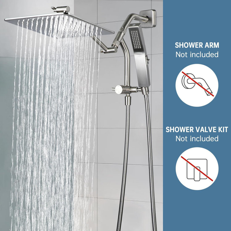 12 Inches Rain Shower Head, 3-Way Diverter With Pause Setting, 11 Inches Adjustable Extension Arm, Brushed Nickel