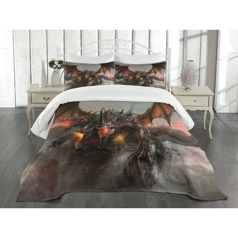 Ambesonne Gothic Bedspread Dragon, King Bedspread + 2 Standard Shams