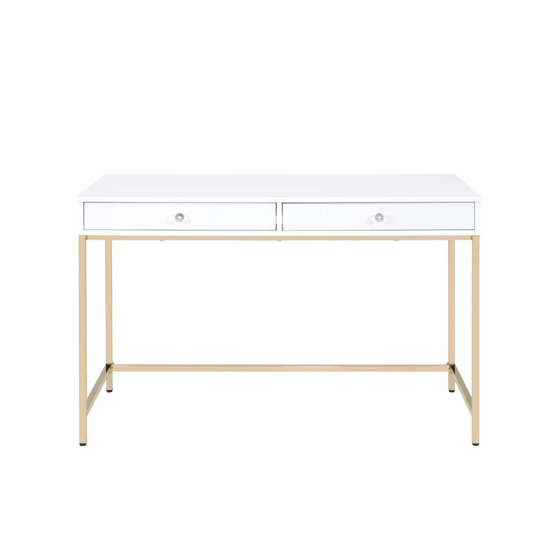 Bureau blanc ultrabrillant avec deux compartiments de rangement et une table d'étude contemporaine avec tiroirs à finition dorée