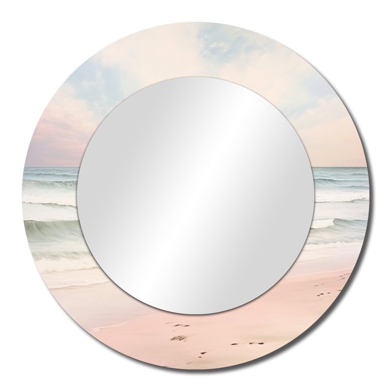 Ocean Tranquility Tender Pink Pastel Sunrise I - Miroir mural rond côtier, impression sur métal, 23 po x 23 po