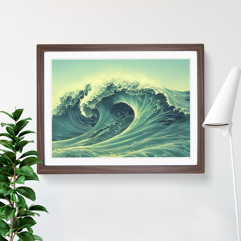 XH1022-2907X Dynamic Japanese Wave - Single Picture Frame Painting, 25cm H x 34cm W x 2cm D, Walnut