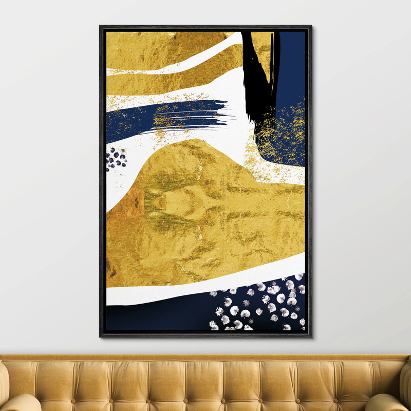 Or, bleu marine, coups de pinceau encadrés sur toile, H 36 po x l 24 po x P 1,5 po, Noir
