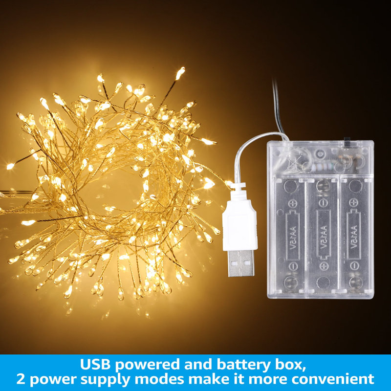 200 LED Copper Wire String Lights, Battery & USB Operated, Warm White