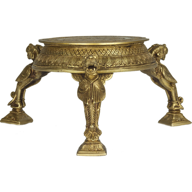Handcrafted Brass Ritual Chowki Pedestal, 5-Inch Square Engraved Lotus Altar Stand for Spiritual Home Décor