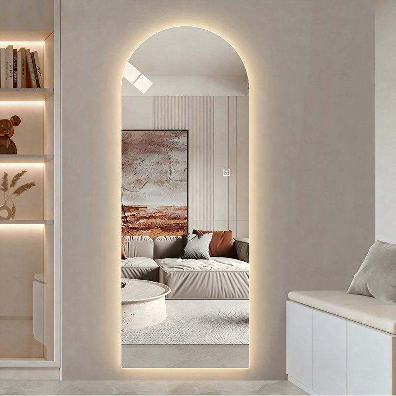 Miroir mural à DEL pleine longueur avec arche symétrique, éclairage à intensité variable tricolore pour un toilettage polyvalent et une utilisation ambiante.