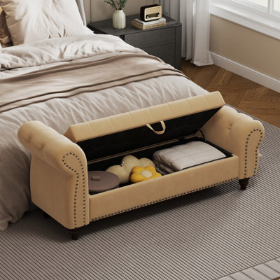 Banc 64,5 po pour lit clouté, chaise longue capitonnée avec rangement en velours kaki