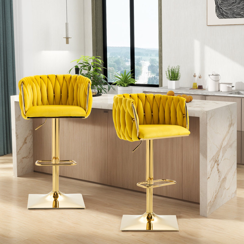 Tabouret tournant à hauteur réglable avec base dorée, Yellow Velvet