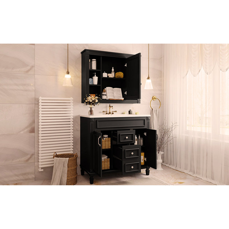 Meuble-lavabo 36 po avec lavabo supérieur et armoire à miroir - Solution de rangement moderne, Noir