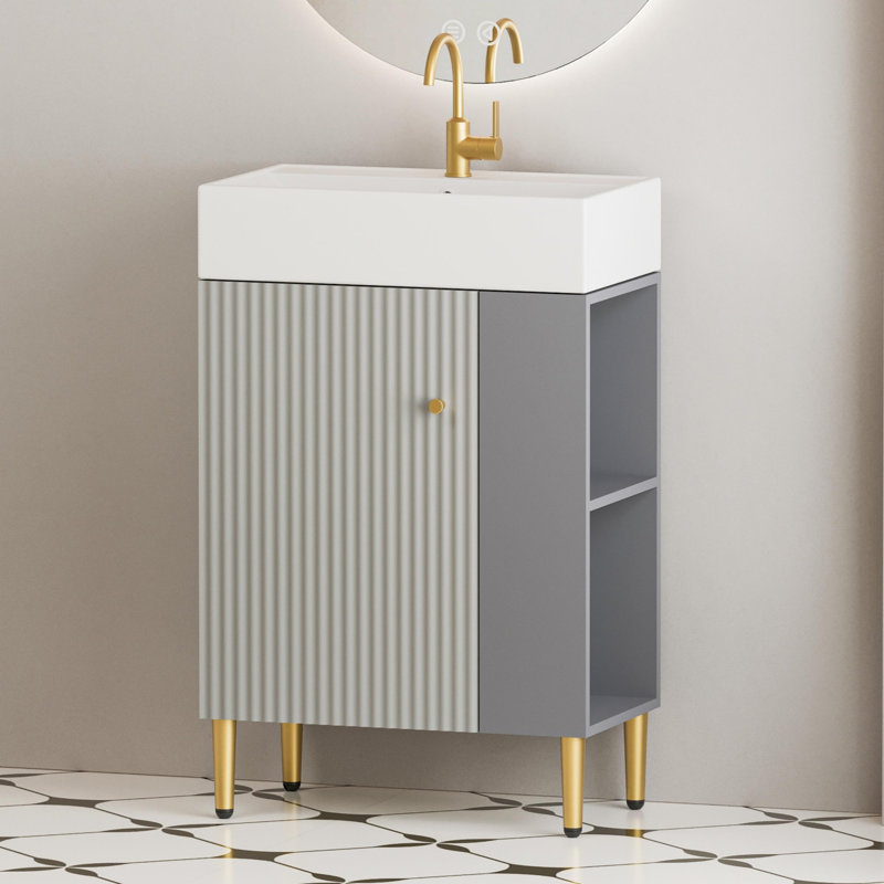 Meuble-lavabo de salle de bain avec porte à gauche et tablette ouverte à droite, Gris mat
