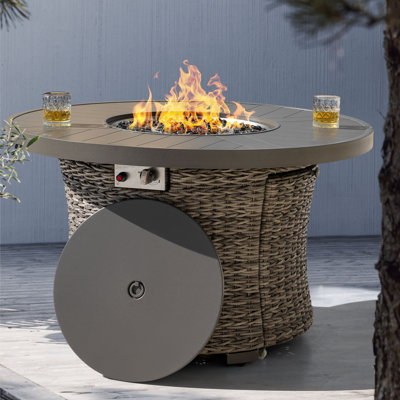 Outdoor Wicker Fire Pit Table, 50,000 Btu Propane Fire Pit With Lid
