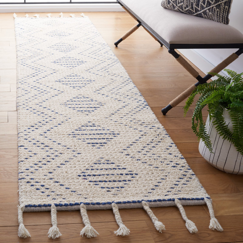 Apeksha Hand Loomed Wool/Cotton Geometric Rug in Blue/Ivory, Runner 2'3" x 9'