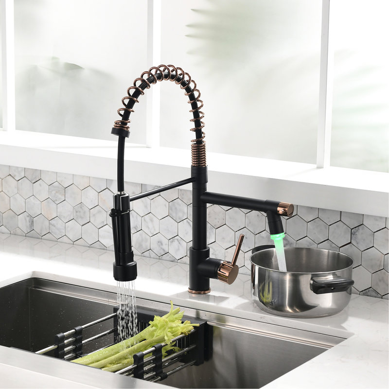 Pull Down Kitchen Sink Faucet, Black And Gold, Single Handle, Low Maintenance Contemporary Faucet With , Versatile Options