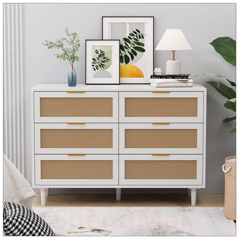 Armoire de rangement en rotin à 6 tiroirs au design naturel pour la chambre à coucher et le salon, écologique et spacieuse