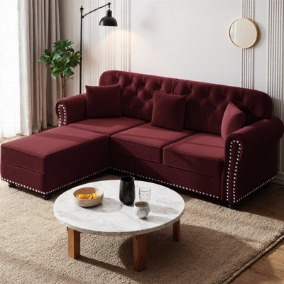 Canapé modulaire rembourré en U de 82,6 po en velours avec 2 repose-pieds mobiles, style Chesterfield de style Mid-Century, capitonné avec garniture cloutée et accoudoirs roulés, comprend 3 coussins