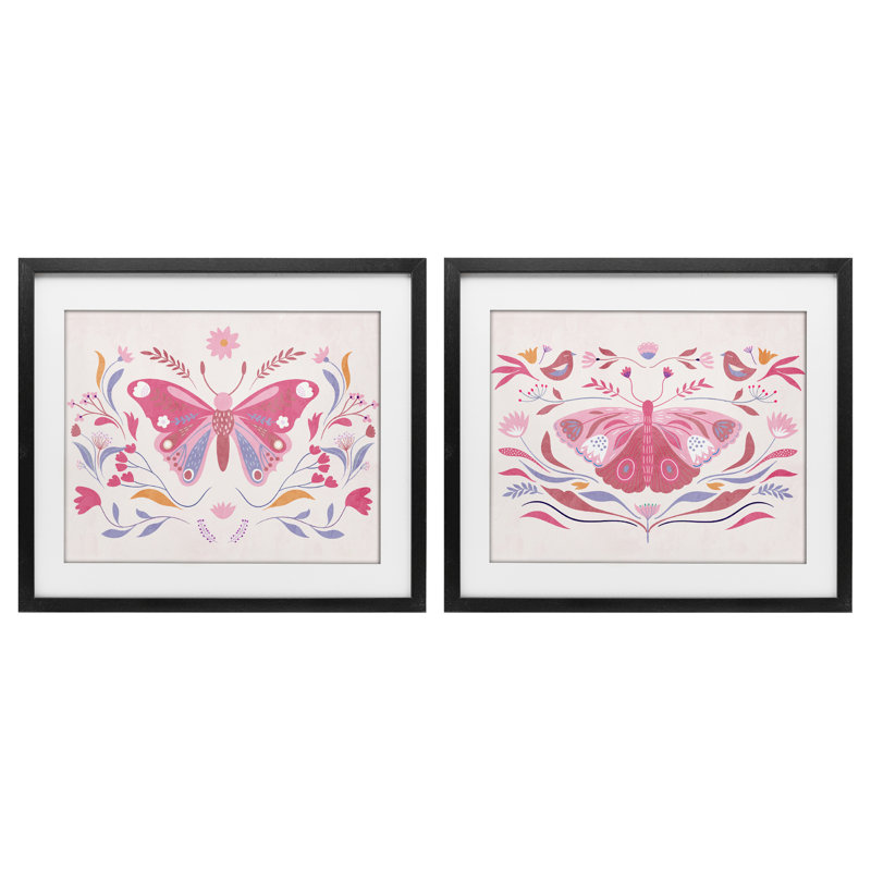 «Boho Folk Butterflies», ensemble de 2 reproductions encadrées sous verre, par Kim Allen, H 13 po x l 16 po