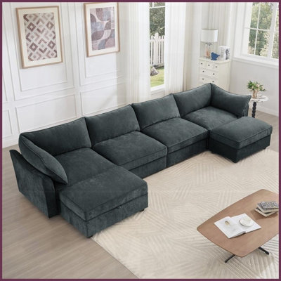Canapé moderne en U en chenille à 4 places avec 2 repose-pieds Tiroirs de rangement, capacité de 6 sièges pour le salon, gris