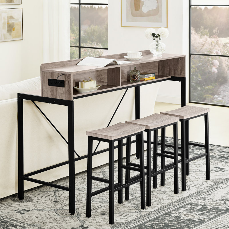 59 inch bar table, dining table, sofa table with power socket and LED light, 3 saddle stools, 4-piece bar table and chairs set for living room, dining room and kitchen 