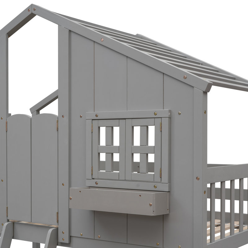 Grey Twin Over Twin House Bunk Bed Roof Guardrails Ladder, Gray