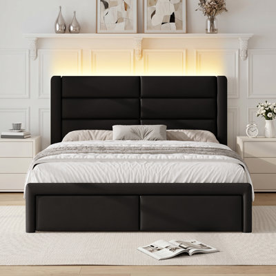 Faux Leather Upholstered Bed Frame with Headboard + 2-Drawer Nightstand with Charging Station, USB Ports & Outlets, Complete 3-Piece Bedroom Set