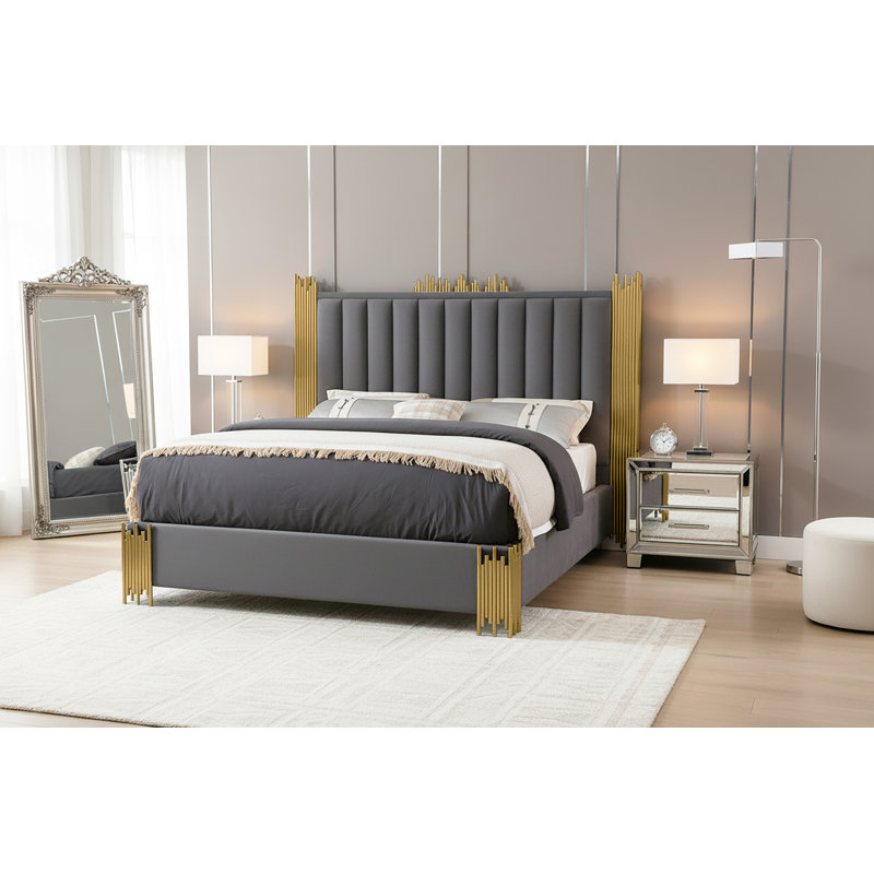 Lit tapissier standard à profil bas Elvyra, Grand, Gris/doré