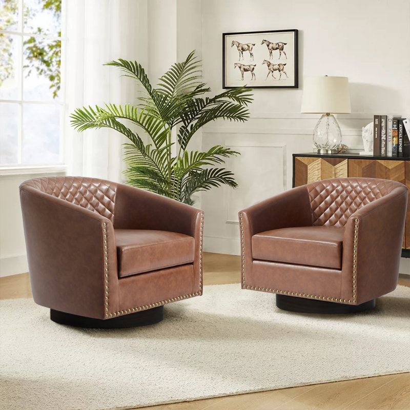 75.2Cm Wide Tufted Swivel Barrel Chair, Brown Faux Leather