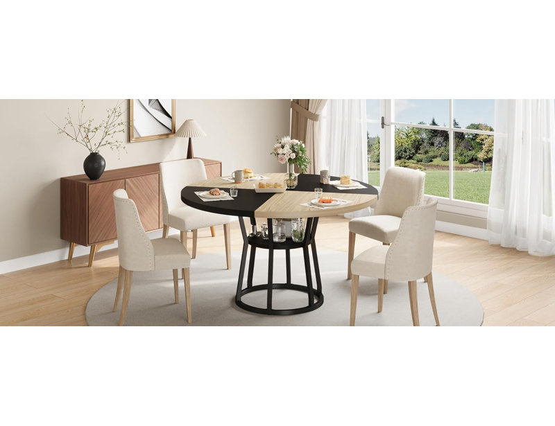 Round Dining Table with Storage, 47" Wood Kitchen & Living Room Table for 4-6, Natural and Black Finish, Brown/Black