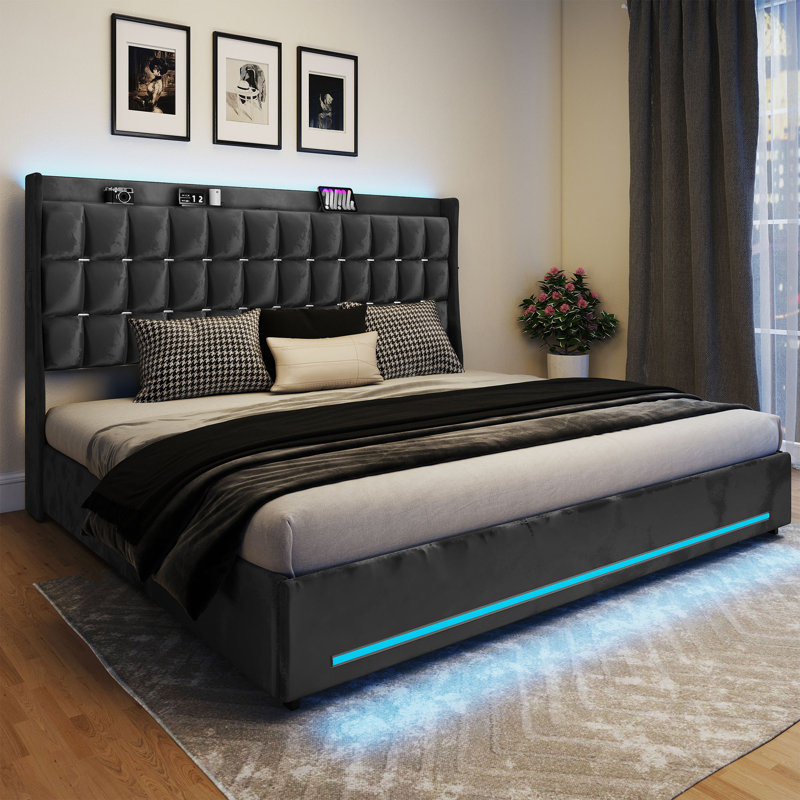  Structure de lit tapissier en velours Kind avec 4 tiroirs roulants et prises de courant, Noir