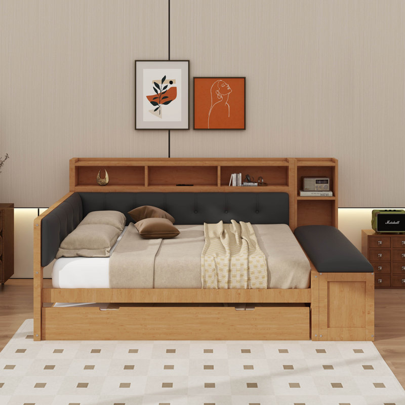 Wood Daybed With Trundle, Storage Shelves, Bench, Charging Station And Upholstered Headboard, Natural/Black Cushion