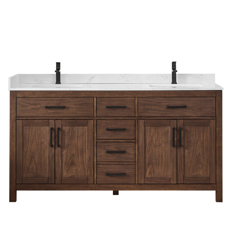 Beckett 66" Freestanding Double Bathroom Vanity with Cultured Marble Top, Dark Walnut, Matte Black, Carrara Cultured Marble