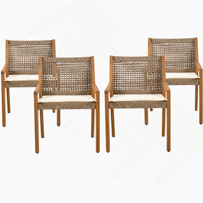 OUTDOOR DINING CHAIR SET-Acacia Wood And Wicker With Cream Cushion Patio Furniture-Teak Finish & Wicke Brown ,Suitable For Large Gatherings-Set Of 4