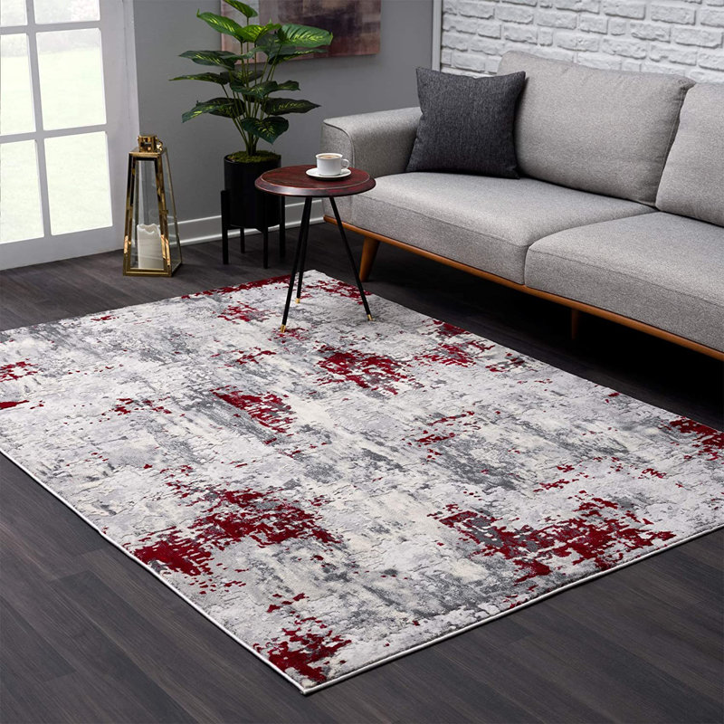 Red and Gray Abstract Area Rug, Rectangle 7' x 10'