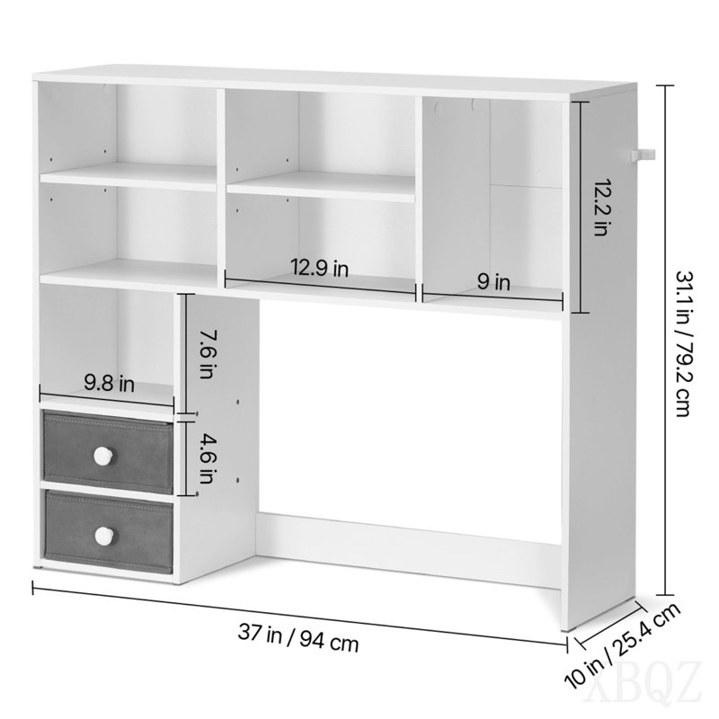 Bibliothèque de bureau, organisateur de rangement de bureau à 3 niveaux, étagère de rangement en bois 37 po x 10 po x 31,1 po, huche de bibliothèque de bureau avec deux tiroirs en tissu, pour bureau, maison et dortoir, blanc