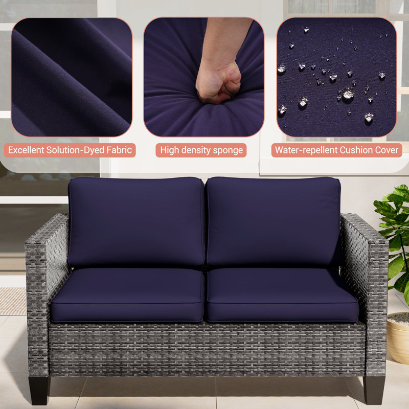Patio Loveseat Sofa PE  Rattan Set With Thick Cushions and Sturdy Frame, Gray, Navy Blue