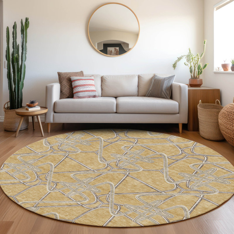 Premium Machine Washable Prisco Gold Rug, Round 8'