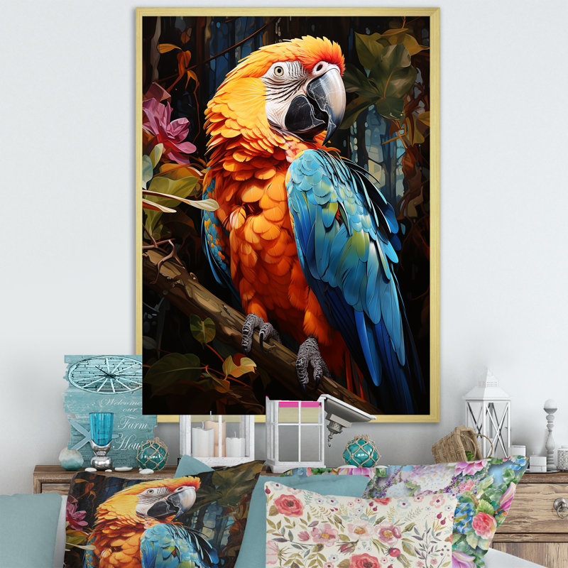Perroquet, jungle tropicale, euphonie sur toile, Cadre photo doré simple, H 20 po x l 12 po x P 1 po