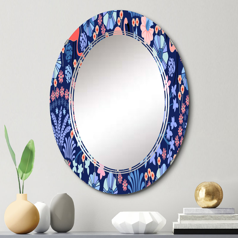 Plantes tropicales avec flamant rose en miroir indigo - Motif mural ovale, 30 po x 20 po