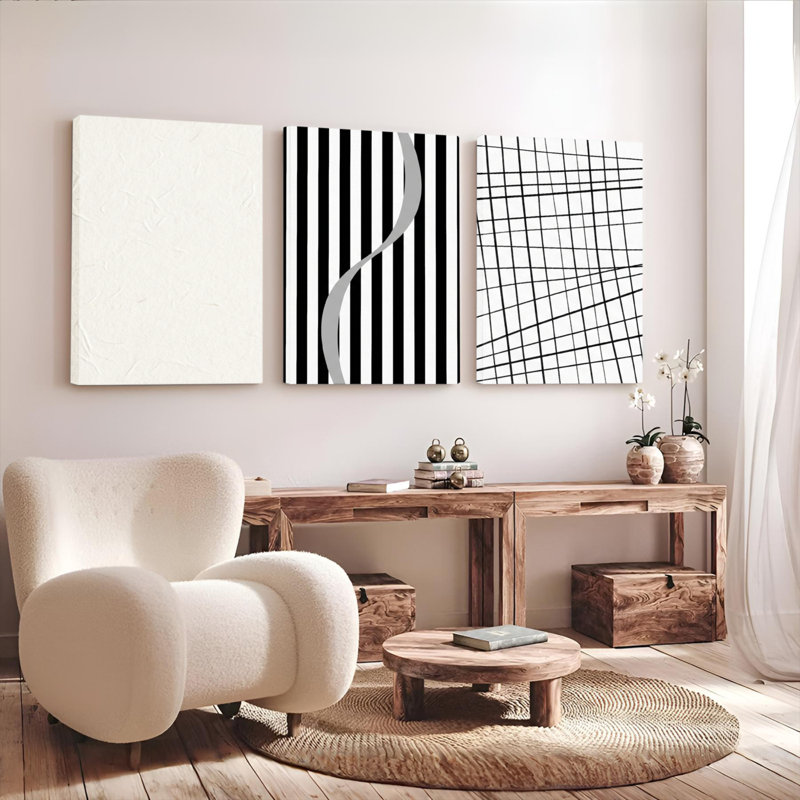 Ensemble de 3 tableaux abstraits à rayures noires et blanches et à grille sur toile tendue, H 18 po x l 36 po