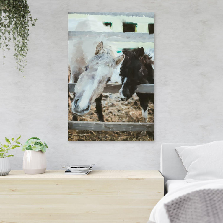 MentionedYou Black And White Horse Eating Grass On Canvas Painting ...