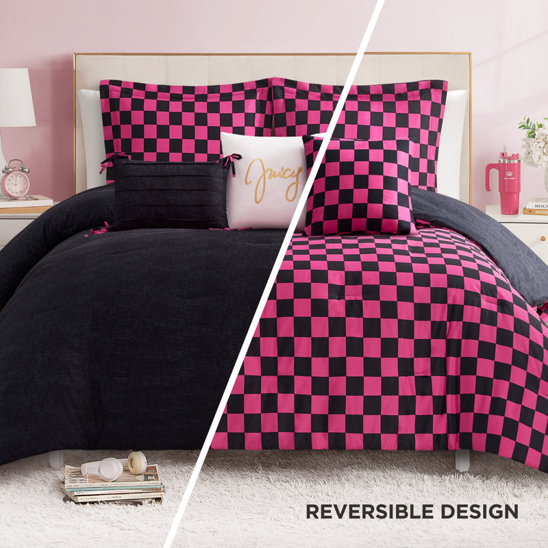 Juicy Couture Checkerboard Comforter Sets, Twin Extra Long Comforter + 4 Additional Pieces, Black/Hot Pink
