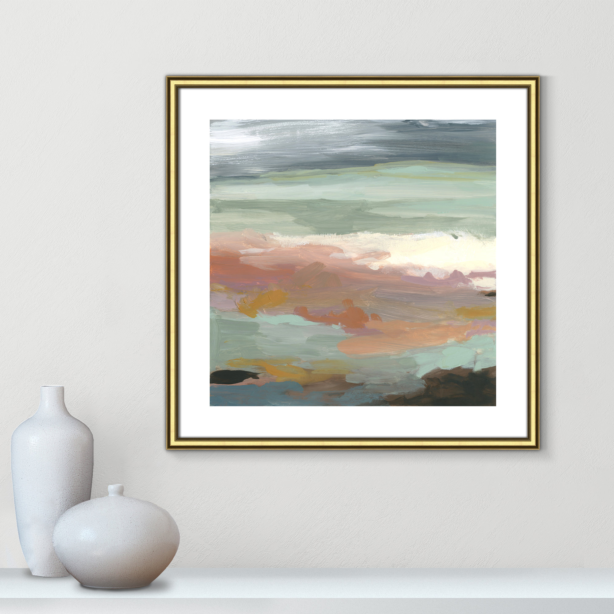 Ocean Bluffs by Carol Robinson - Painting Print on Paper, 18.25" H x 18.25" W, Walnut Wood, Picture Framed Paper