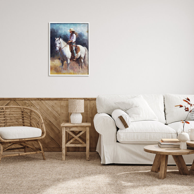 «Cowgirl On White Stallion» par Ziwei Li, reproduction, H 30 po x l 24 po x P 1,5 po, Giclée encadrée blanc bord de mer