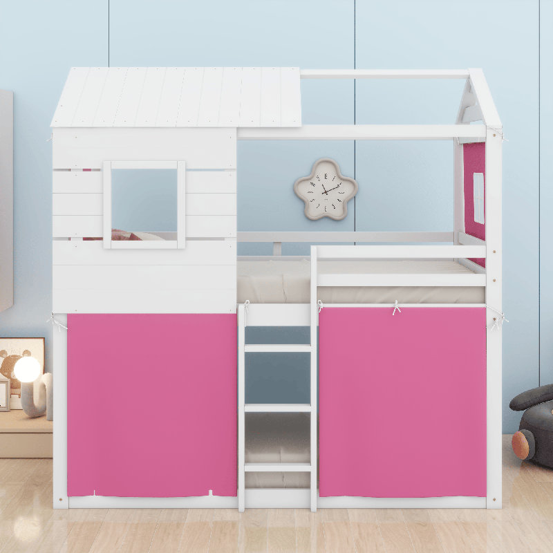 Bunk Wood House Bed With Tent, Twin Over Twin, Pink